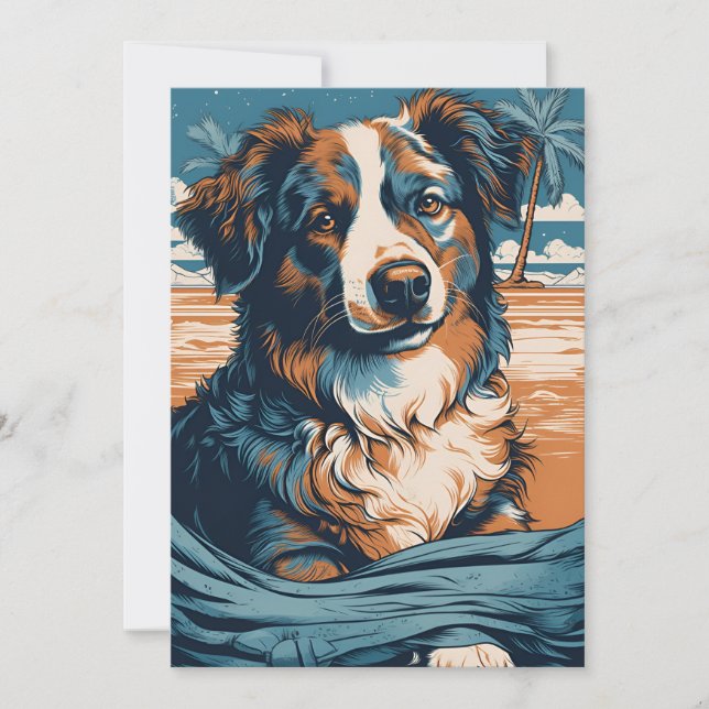 Cartes Pour Fêtes Annuelles Australian Shepherd sur une plage tropicale (Devant)