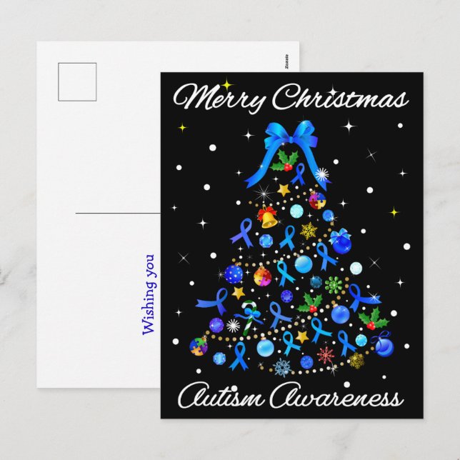 Cartes Pour Fêtes Annuelles Autisme Arbre de Noël bleu (Devant / Derrière)