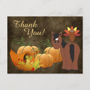 Cartes Pour Fêtes Annuelles Automne Cute Cheval Brown et Turquie Merci