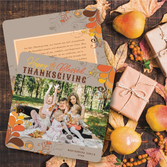 Cartes Pour Fêtes Annuelles Automne Déco Feuilles tournois Thanksgiving Photo (Fall Deco Floral Swirls Thanksgiving Photo Holiday Card)