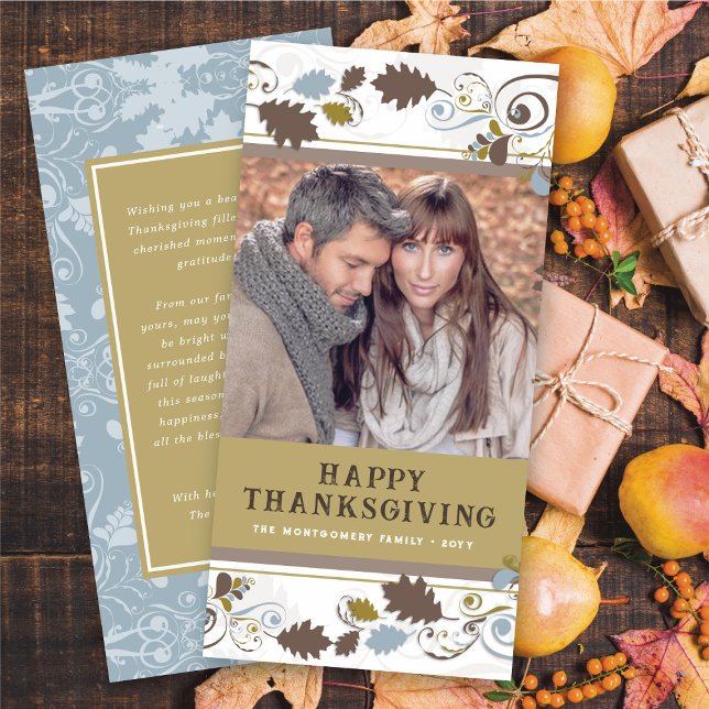 Cartes Pour Fêtes Annuelles Automne Feuilles Brown de l'automne Thanksgiving P (Fall / Autumn Leaves Elegant Decorative Swirls Happy Thanksgiving Photo Holiday Card @ fat_fa_tin)