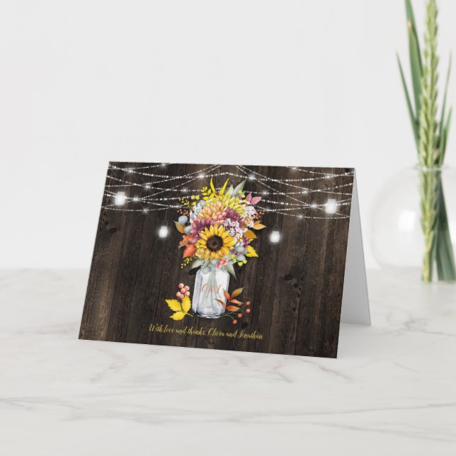 Cartes Pour Fêtes Annuelles Automne Floral Mason Jar String Lumières Merci (Devant)