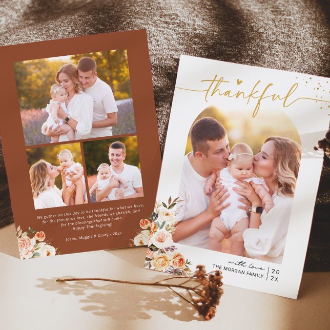 Cartes Pour Fêtes Annuelles Automne Floral Terracotta 4 Photos Thanksgiving (Créateur téléchargé)