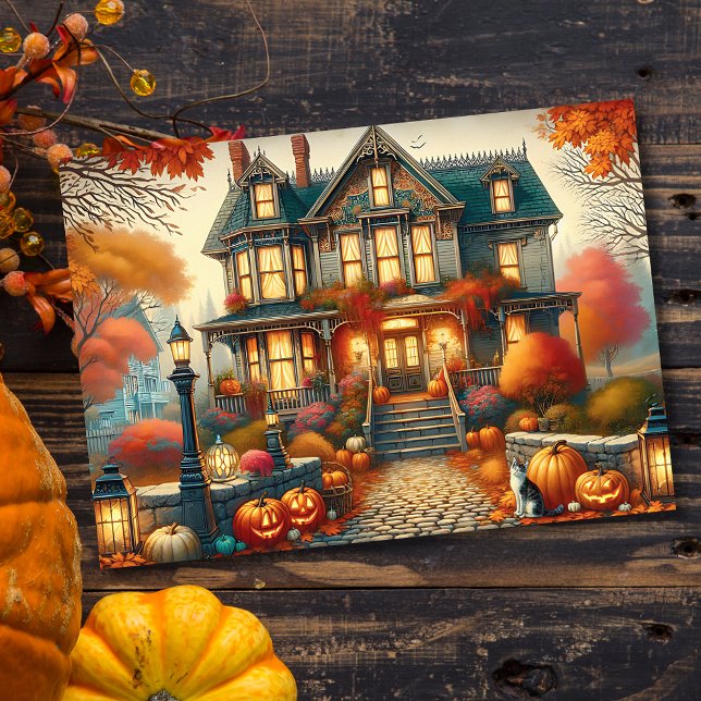 Cartes Pour Fêtes Annuelles Automne Haunted House Citrouille Halloween (Créateur téléchargé)