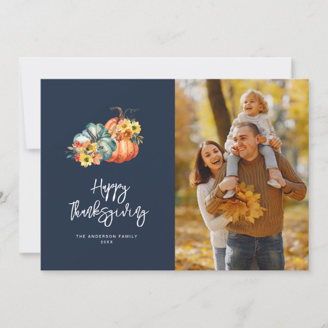 Cartes Pour Fêtes Annuelles automne moisson bleu marine bon thanksgiving photo (Devant)
