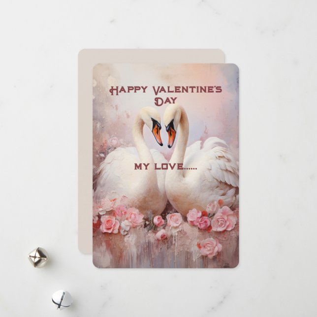 Cartes Pour Fêtes Annuelles Aux cygnes blancs Salutations de la Saint Valentin (Devant/Arrière en situation)