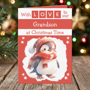 Cartes Pour Fêtes Annuelles Avec amour petit-fils manchot rouge Noël