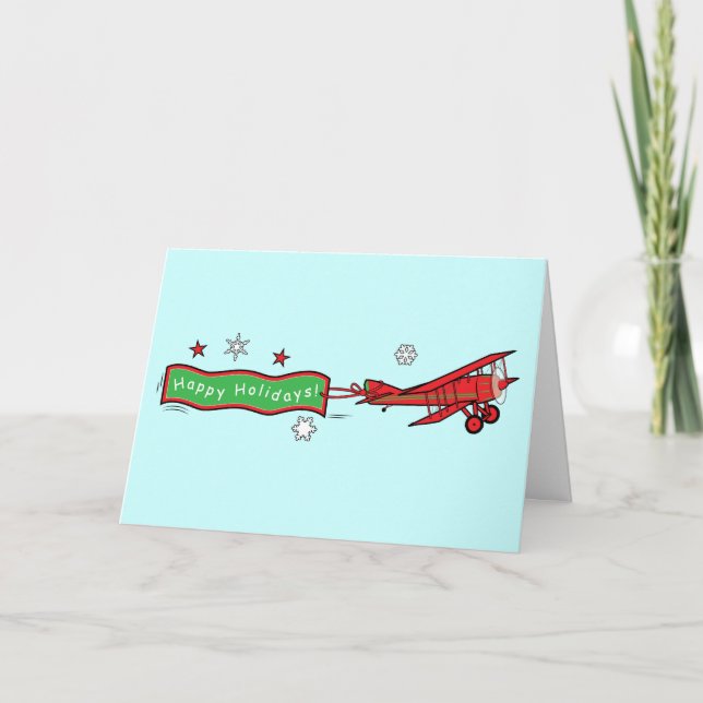 Cartes Pour Fêtes Annuelles Avion Biplane Joyeuses vacances Noël (Devant)