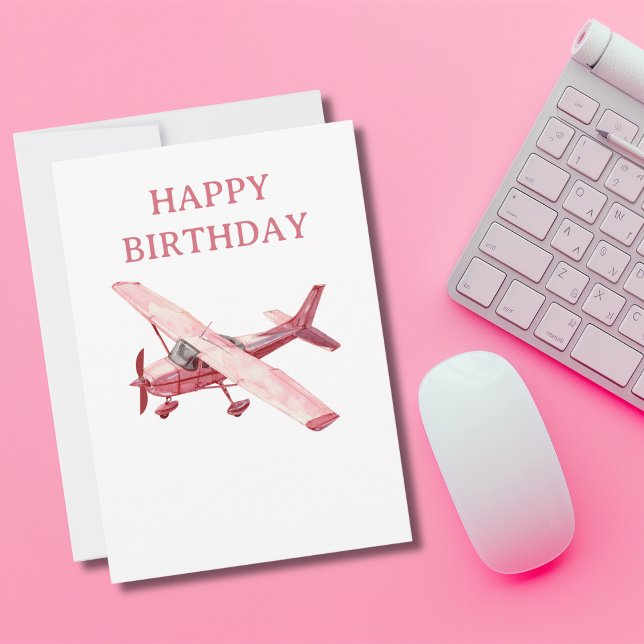 Cartes Pour Fêtes Annuelles Avion Rose Cessna Aquarelle Fête d'Anniversaire Am (Créateur téléchargé)