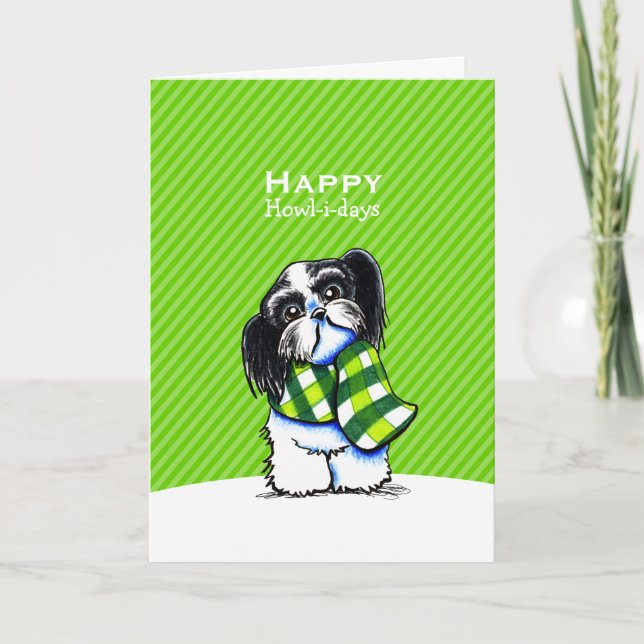 Cartes Pour Fêtes Annuelles B/w Shih Tzu Écart de Noël Vert Custom (Devant)