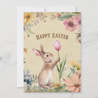 Cartes Pour Fêtes Annuelles Baby Easter Bunny with Pink Tulip Vintage Floral 