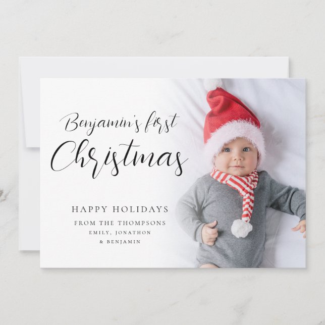 Cartes Pour Fêtes Annuelles Baby First Christmas Custom Photo Calligraphy Hol (Devant)