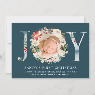 Cartes Pour Fêtes Annuelles Baby First Christmas JOY Poinsettia Floral Photo