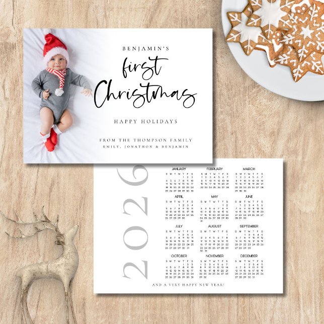 Cartes Pour Fêtes Annuelles Baby First Christmas Photo 2026 Calendar (Front and back view)