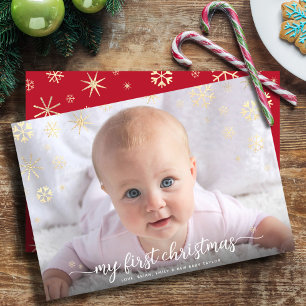 Cartes Pour Fêtes Annuelles Baby First Christmas Photo Script Gold Snowflake