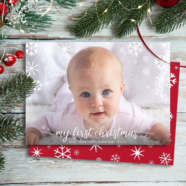 Cartes Pour Fêtes Annuelles Baby First Christmas Photo Snowflakes Typographie (Créateur téléchargé)