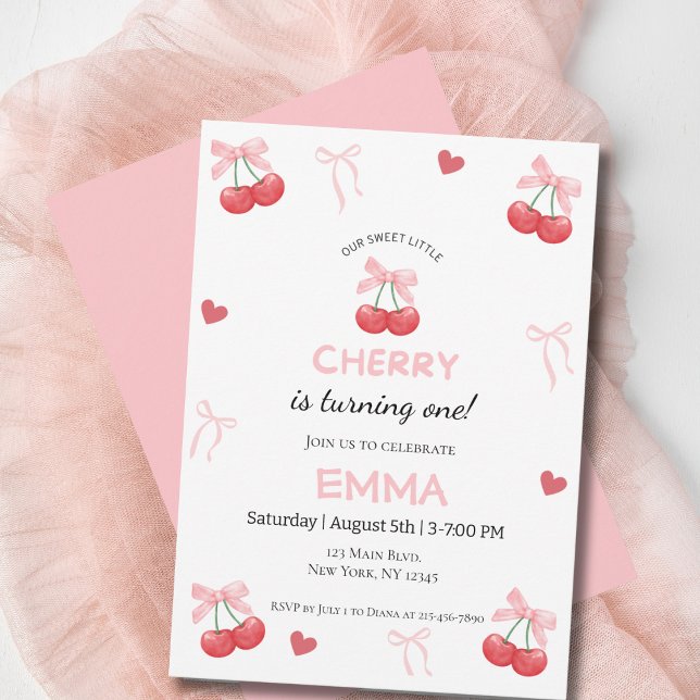 Cartes Pour Fêtes Annuelles Baby Girl First Birthday Cherry & Pink Bow mignonn (Créateur téléchargé)