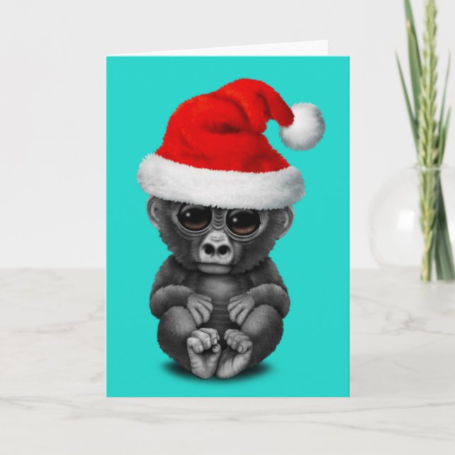Cartes Pour Fêtes Annuelles Baby Gorilla portant un chapeau de Père Noël (Devant)