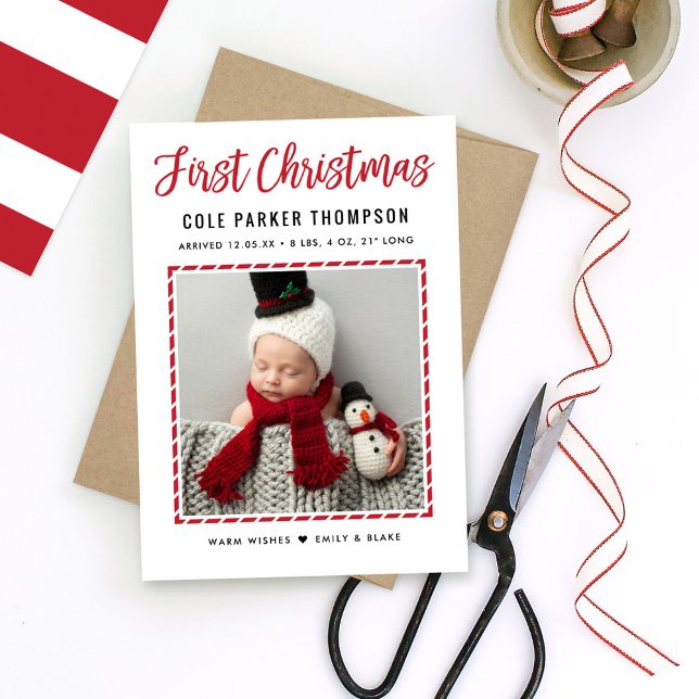 Cartes Pour Fêtes Annuelles Baby moderne First Christmas Red Stripes Photo (Créateur téléchargé)