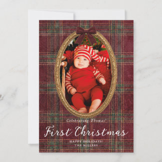 Cartes Pour Fêtes Annuelles Baby Premier Noël Tartan Cadre Doré Noël