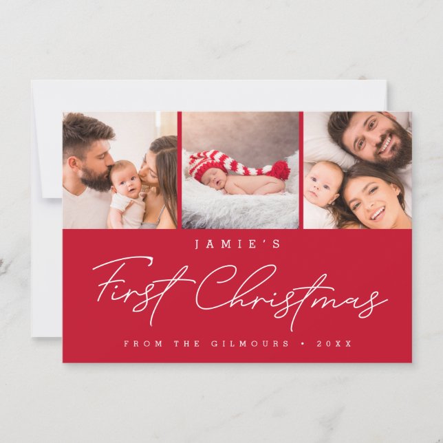 Cartes Pour Fêtes Annuelles Baby’s First Christmas 3 Photo Collage Script RED (Devant)