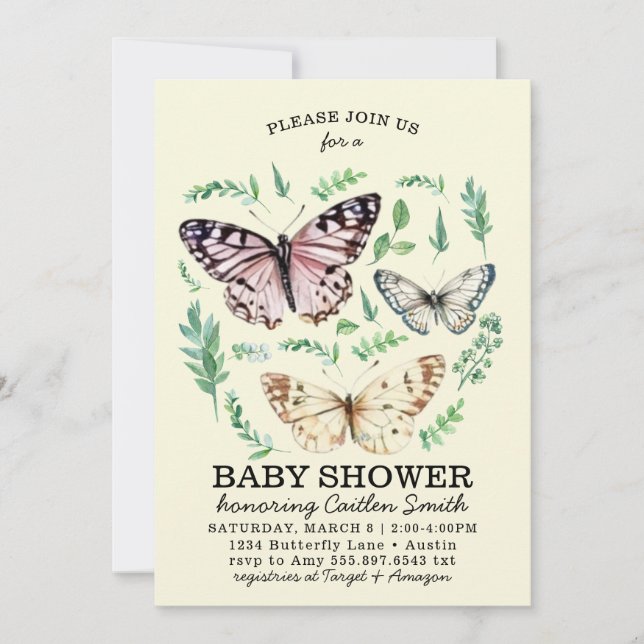 Cartes Pour Fêtes Annuelles Baby shower de jardin papillon Vert bébé invitatio (Devant)