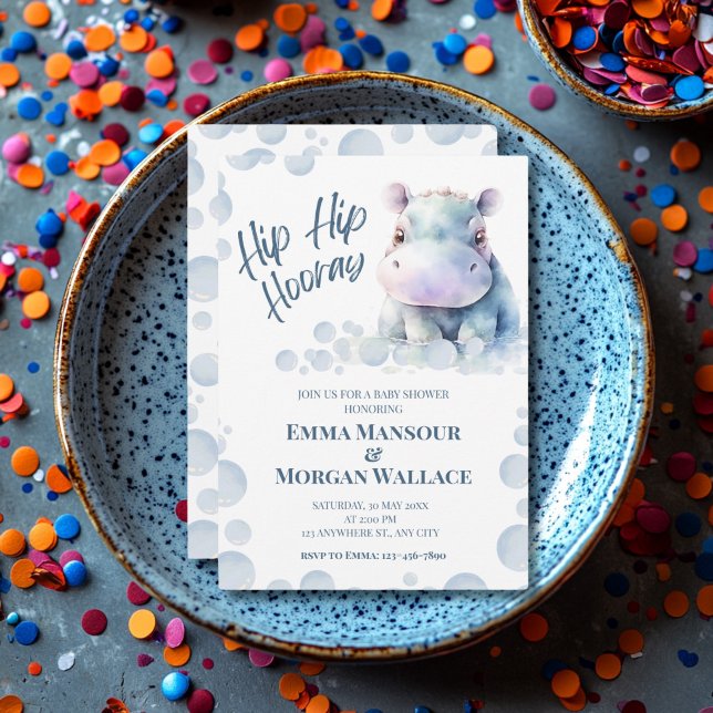 Cartes Pour Fêtes Annuelles Baby shower Hippo bleu (Hippo Themed Baby Shower Invite)