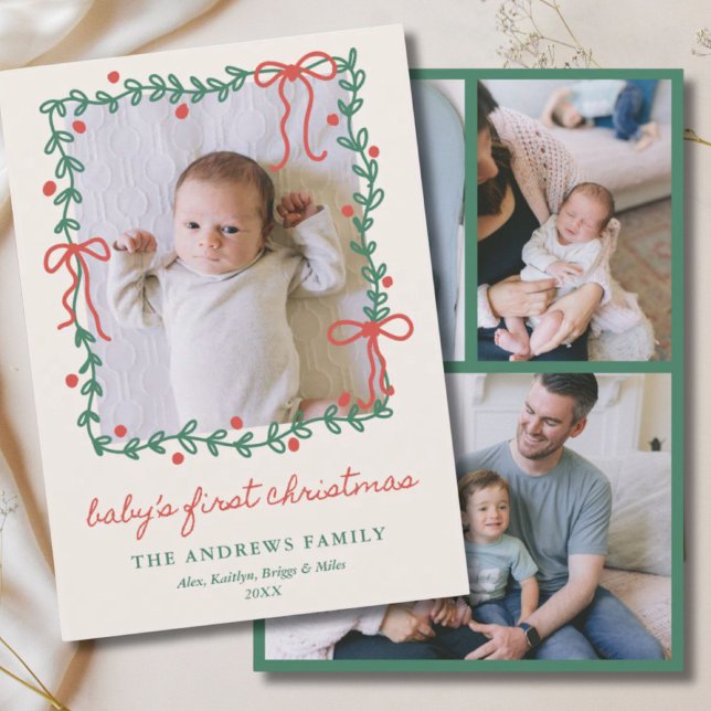 Cartes Pour Fêtes Annuelles Baby's 1st Christmas Red Bows Greenery 4 Photo (Baby's 1st Christmas Red Bows Greenery 4 Photo Holiday Card
)