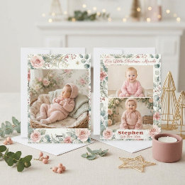 Cartes Pour Fêtes Annuelles Baby's Christmas Blush Pink Florals Photo Collage 