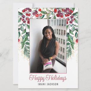 Cartes Pour Fêtes Annuelles Baies à l'aquarelle et photo de Noël à feuilles pe