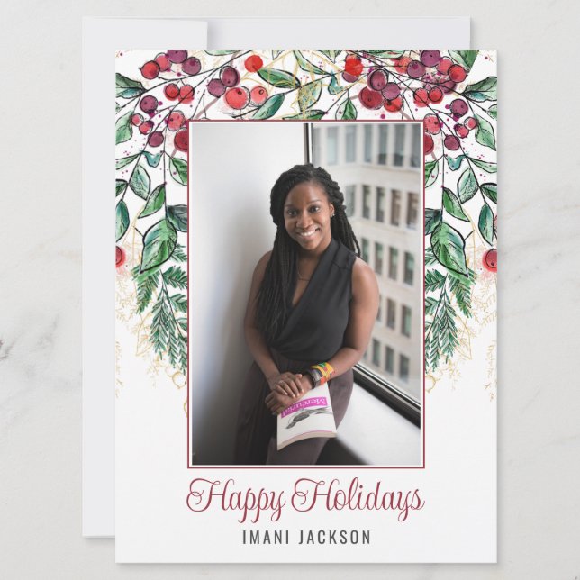 Cartes Pour Fêtes Annuelles Baies à l'aquarelle et photo de Noël à feuilles pe (Devant)