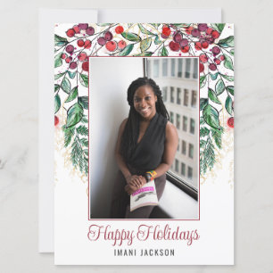 Cartes Pour Fêtes Annuelles Baies à l'aquarelle et photo de Noël à feuilles pe