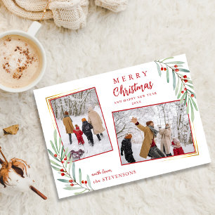 Cartes Pour Fêtes Annuelles Baies de houx élégantes 2 Photo Rouge Joyeux Noël