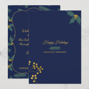 Cartes Pour Fêtes Annuelles Baies de houx élégantes Noël botanique bleu or