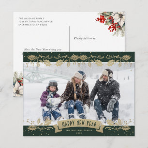Cartes Pour Fêtes Annuelles Baies de houx vert or Photo Bonne année