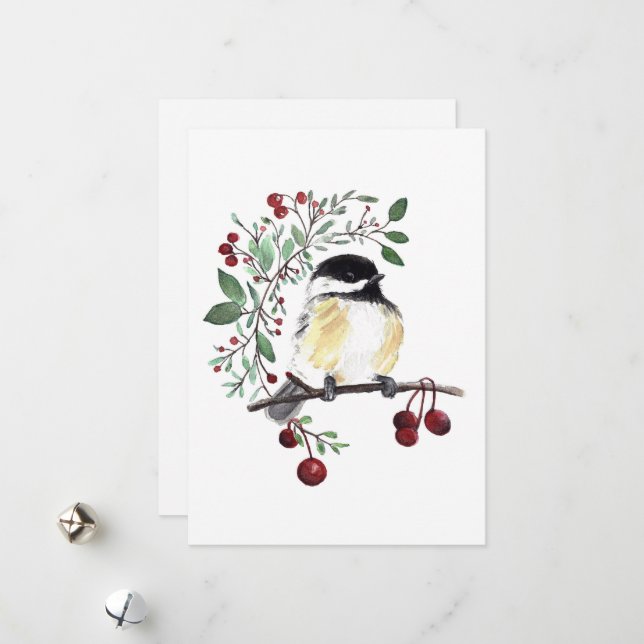 Cartes Pour Fêtes Annuelles Baies d'oiseaux de poulet d'hiver (Devant/Arrière en situation)