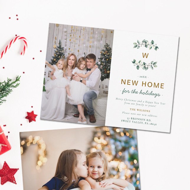 Cartes Pour Fêtes Annuelles Baies d'or vert Moving Family Monogramme 2 Photos (Moving Announcement Family Monogram Two Photos Holidays Christmas Card Elegant Classy Modern Berries)