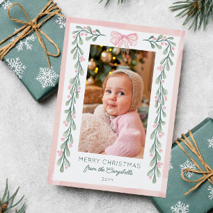 Cartes Pour Fêtes Annuelles Baies roses à l'aquarelle Ruban Photo Joyeux Noël