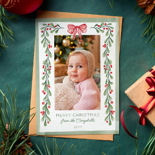 Cartes Pour Fêtes Annuelles Baies rouges aquarelle Noeud Photo Joyeux Noël