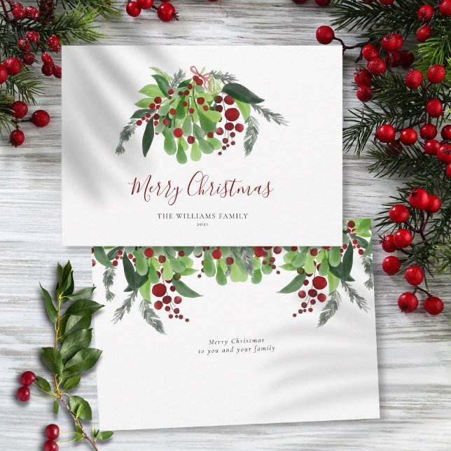 Cartes Pour Fêtes Annuelles Baies rouges Aquarelle verdure Noël (Red Berries Watercolor Greenery Christmas Holiday Card)