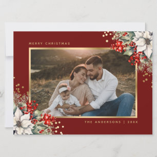 Cartes Pour Fêtes Annuelles Baies rouges de poinsettia doré Photo Noël