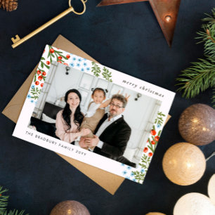 Cartes Pour Fêtes Annuelles Baies Rouges Fleurs Bleues Photo de Famille Noël