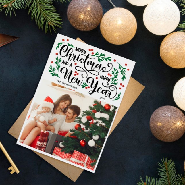 Cartes Pour Fêtes Annuelles Baies rouges Photo Joyeux Noël Bonne année (Créateur téléchargé)