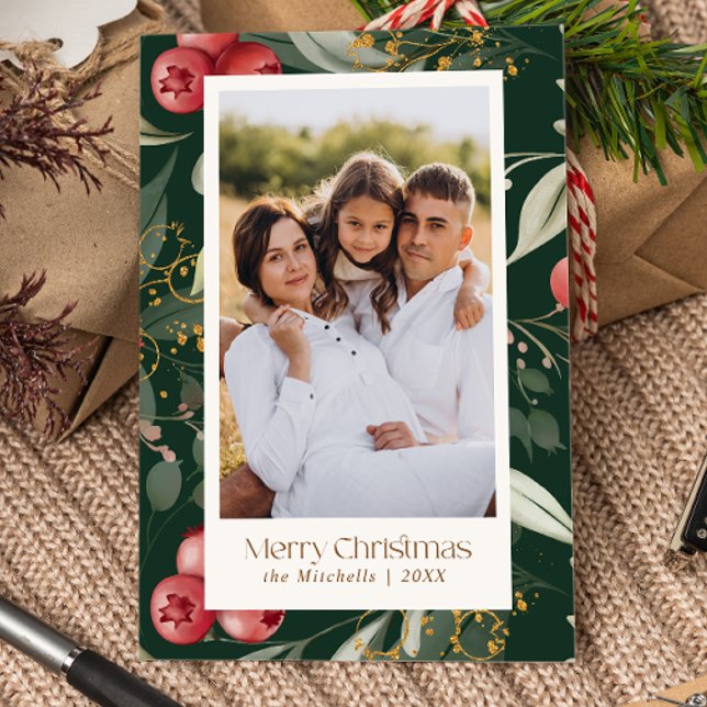 Cartes Pour Fêtes Annuelles Baies vertes traditionnelles Deux photos Noël (Traditioanal berries in red, greenery leaves photo Christmas Card)