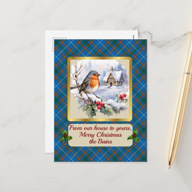 Cartes Pour Fêtes Annuelles Bain Crest & Tartan avec Robin Personnalisé (Devant/Arrière en situation)