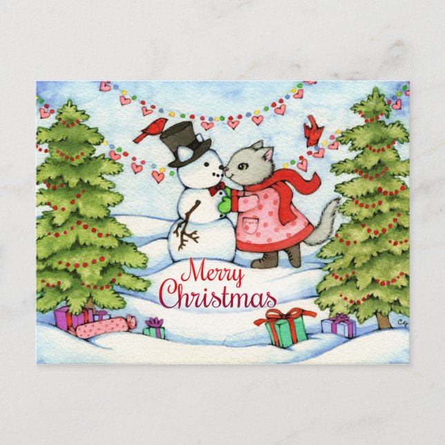 Cartes Pour Fêtes Annuelles Baiser gelé - art mignon de chat de Noël (Devant)