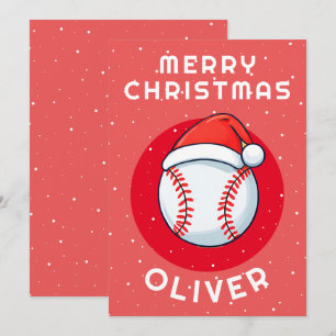 Cartes Pour Fêtes Annuelles Bal de baseball Rouge Père Noël Nom de l`enfant