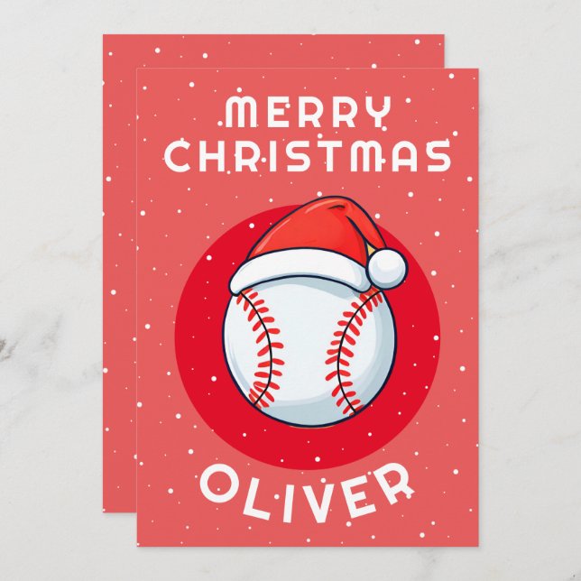 Cartes Pour Fêtes Annuelles Bal de baseball Rouge Père Noël Nom de l`enfant (Devant / Derrière)