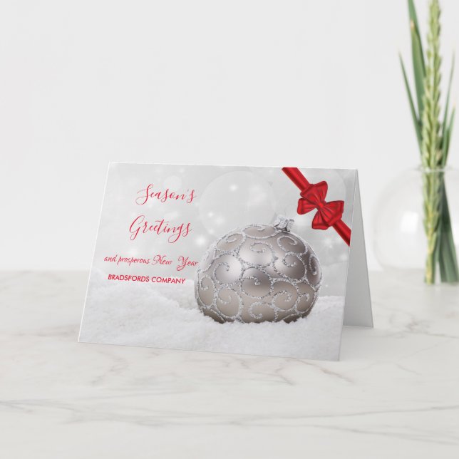 Cartes Pour Fêtes Annuelles Bal de Noël blanc, Bow rouge, Salutation d'entrepr (Devant)