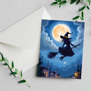Cartes Pour Fêtes Annuelles Balai de sorcière au clair de lune Halloween Aquar